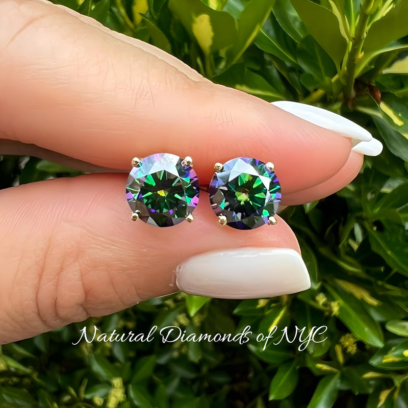 Rainbow Green Moissanite Stud Earrings GRA Certified 14K Gold Solid • Round Cut • Green Moissanite Stud • Stud Earrings • Moissanite Earring
