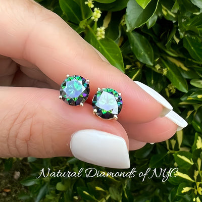 Rainbow Green Moissanite Stud Earrings GRA Certified 14K Gold Solid • Round Cut • Green Moissanite Stud • Stud Earrings • Moissanite Earring