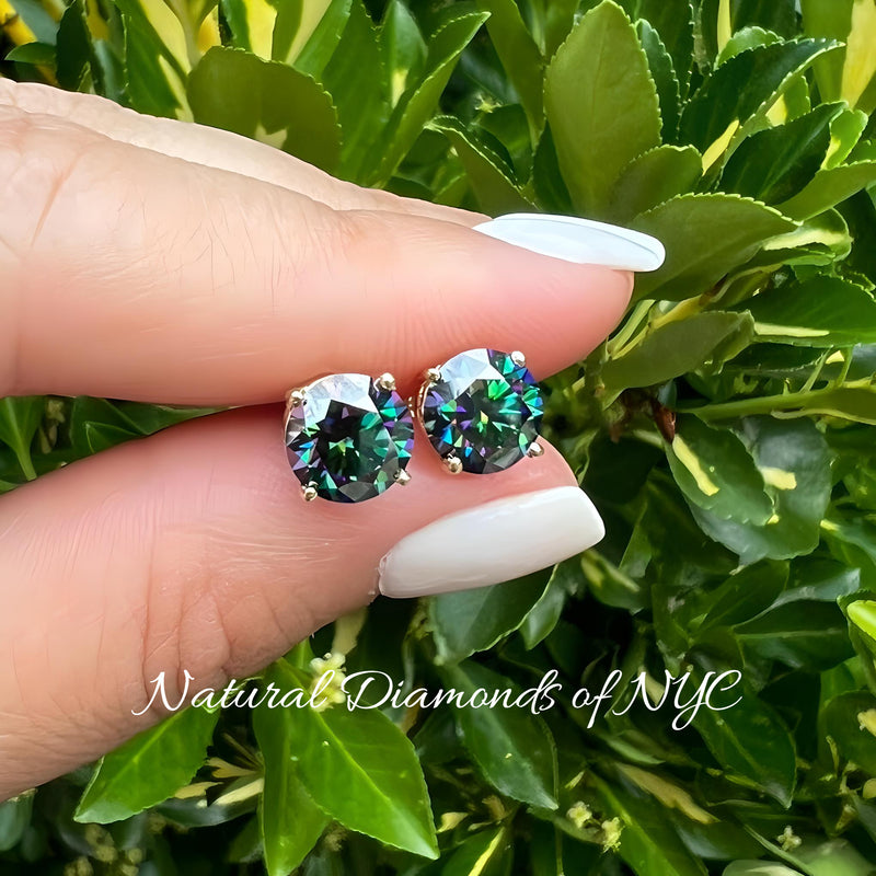 Rainbow Green Moissanite Stud Earrings GRA Certified 14K Gold Solid • Round Cut • Green Moissanite Stud • Stud Earrings • Moissanite Earring