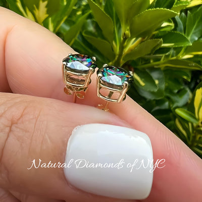 Rainbow Green Moissanite Stud Earrings GRA Certified 14K Gold Solid • Round Cut • Green Moissanite Stud • Stud Earrings • Moissanite Earring