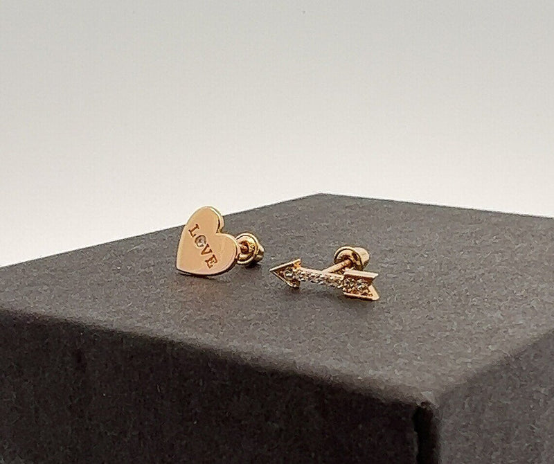 14K Solid Yellow And White Gold Heart And Arrow Stud Earrings Set With CZ -Screwbacks - Heart Love Studs- Delicate Heart And Arrow Studs