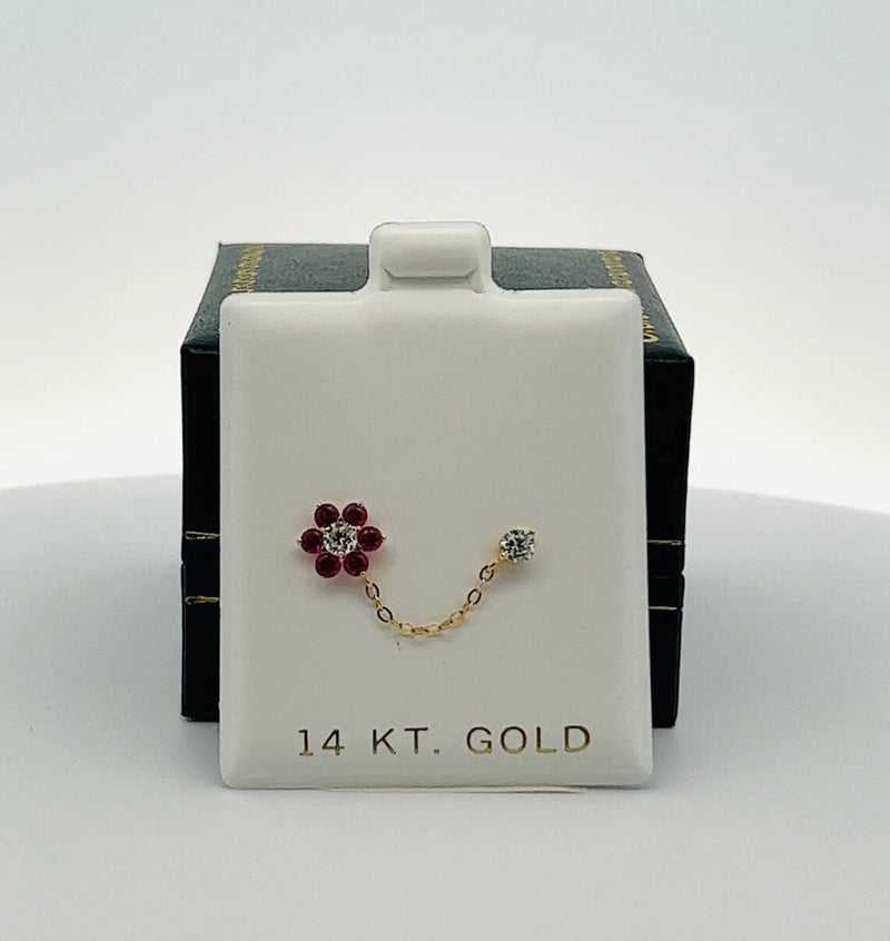 Double Pierced Solid Gold Flower Double Chain Piercing Stud Earrings CZ Cubic Zirconia Gold