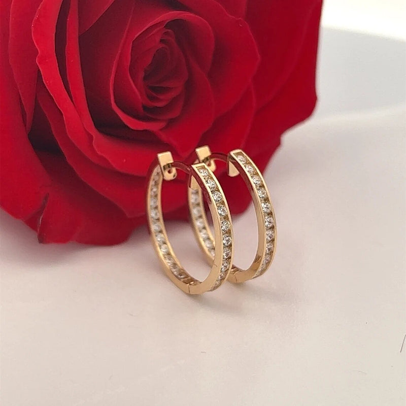 14 kt Yellow Gold Inside / Outside Cubic Zerconia Hoop Earrings / 14k Diamond Channel Set Hoops /Diamond Huggie Earrings/ Gift