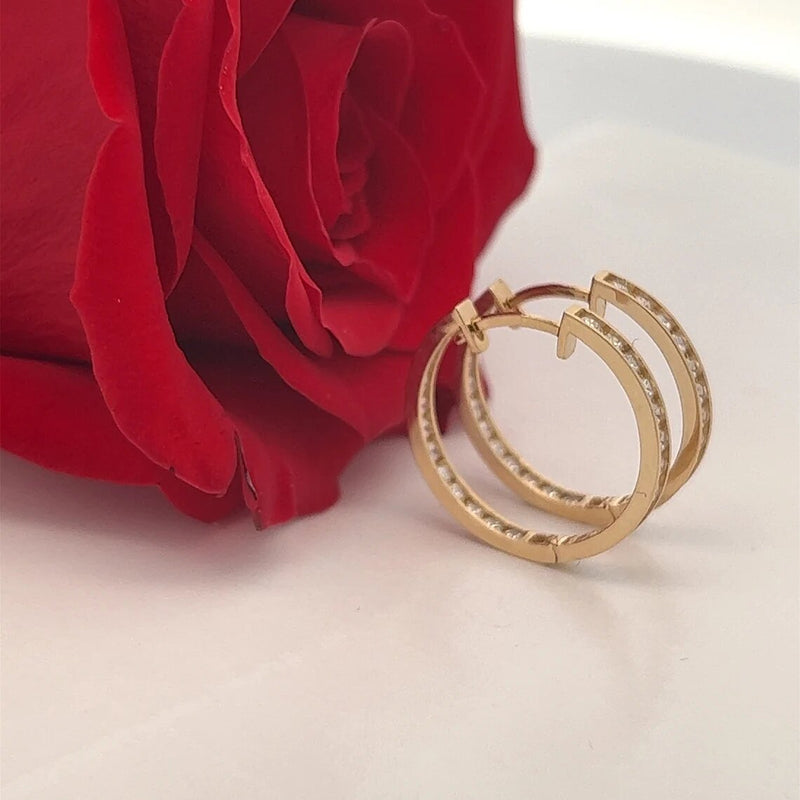 14 kt Yellow Gold Inside / Outside Cubic Zerconia Hoop Earrings / 14k Diamond Channel Set Hoops /Diamond Huggie Earrings/ Gift