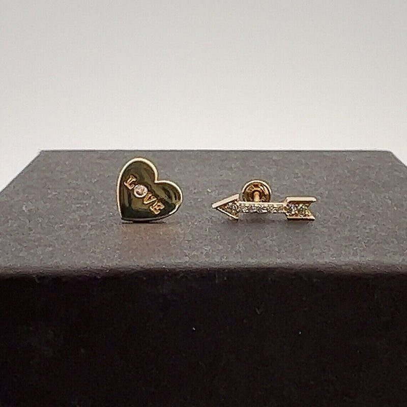 14K Solid Yellow And White Gold Heart And Arrow Stud Earrings Set With CZ -Screwbacks - Heart Love Studs- Delicate Heart And Arrow Studs