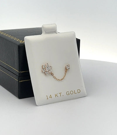 Double Pierced Solid Gold Flower Double Chain Piercing Stud Earrings CZ Cubic Zirconia Gold