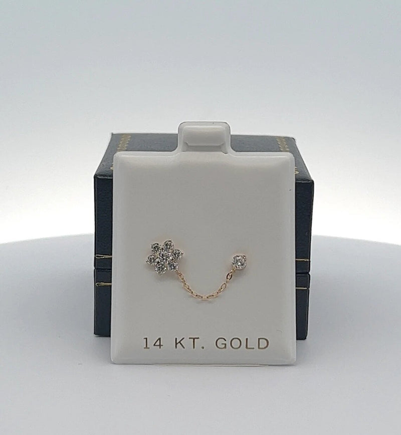 Double Pierced Solid Gold Flower Double Chain Piercing Stud Earrings CZ Cubic Zirconia Gold