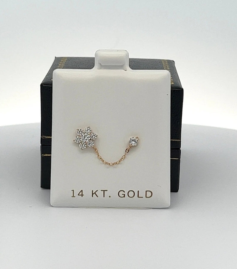 Double Pierced Solid Gold Flower Double Chain Piercing Stud Earrings CZ Cubic Zirconia Gold