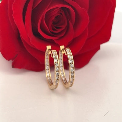 14 kt Yellow Gold Inside / Outside Cubic Zerconia Hoop Earrings / 14k Diamond Channel Set Hoops /Diamond Huggie Earrings/ Gift