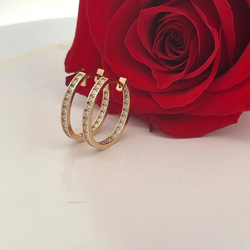 14 kt Yellow Gold Inside / Outside Cubic Zerconia Hoop Earrings / 14k Diamond Channel Set Hoops /Diamond Huggie Earrings/ Gift