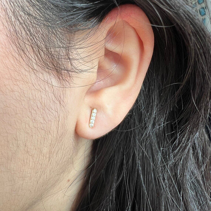14k Solid Gold Tiny Diamond Bar Stud Earrings• Five Diamonds•Small Diamond Studs•Real Diamonds•Natural Diamonds