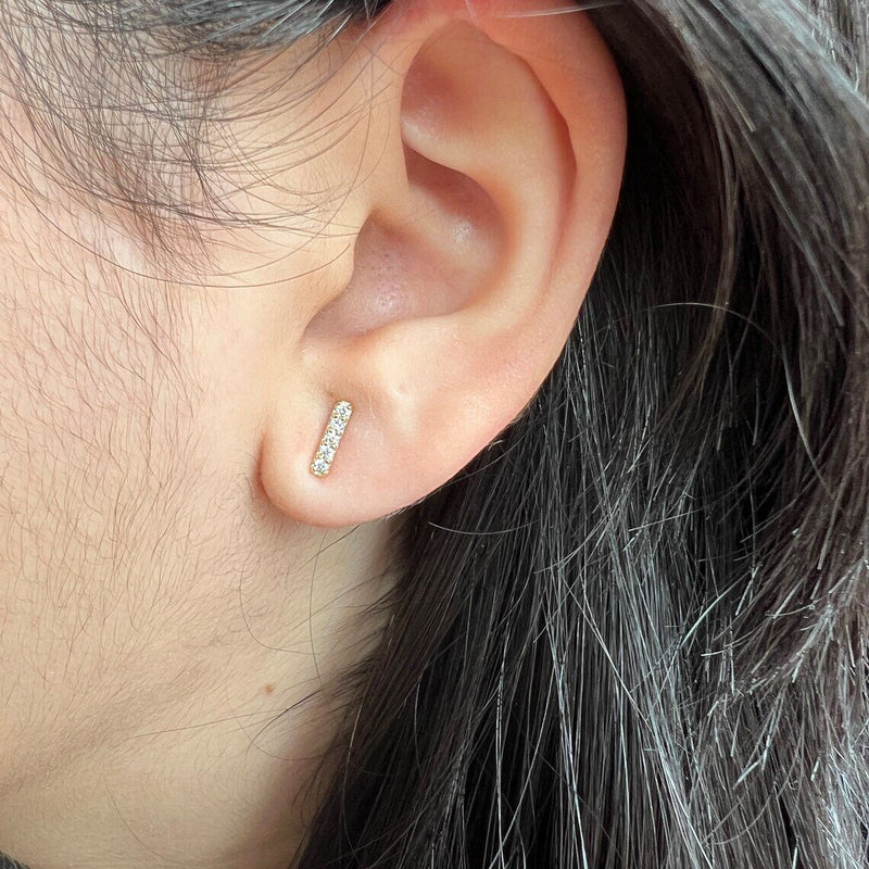 14k Solid Gold Tiny Diamond Bar Stud Earrings• Five Diamonds•Small Diamond Studs•Real Diamonds•Natural Diamonds