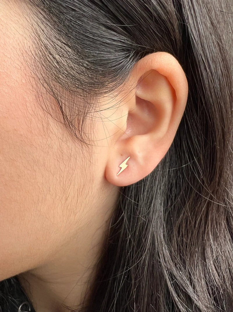 Lighting Bolt Stud Earrings-Gold-14K Solid White/Yellow/Rose Gold Lightning Bolt Push Back Stud