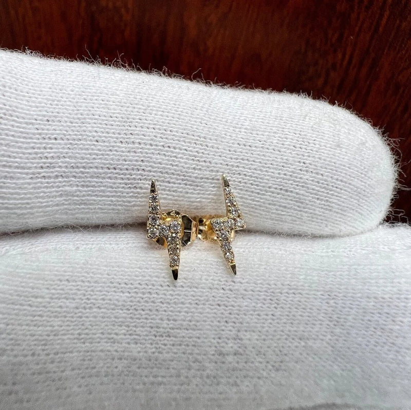 Diamond Lighting Bolt Stud Earrings-Gold-14K Solid White/Yellow/Rose Gold Lightning Bolt Push Back Stud