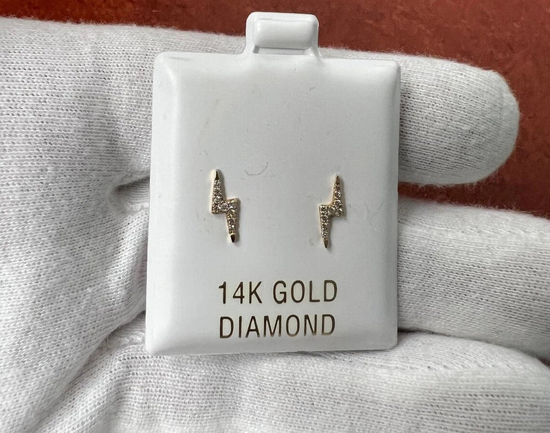 Diamond Lighting Bolt Stud Earrings-Gold-14K Solid White/Yellow/Rose Gold Lightning Bolt Push Back Stud