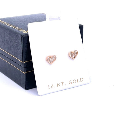 14K Cubic Zirconia Heart Earrings, Solid Gold Small Stud Earrings, Best Gift