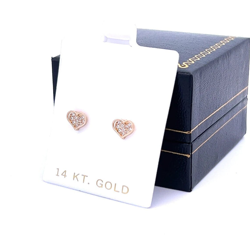 14K Cubic Zirconia Heart Earrings, Solid Gold Small Stud Earrings, Best Gift