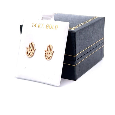 Tiny Hamsa Hand of Fatıma Shaped Stud Earrings, 14K Solid Gold Earrings,