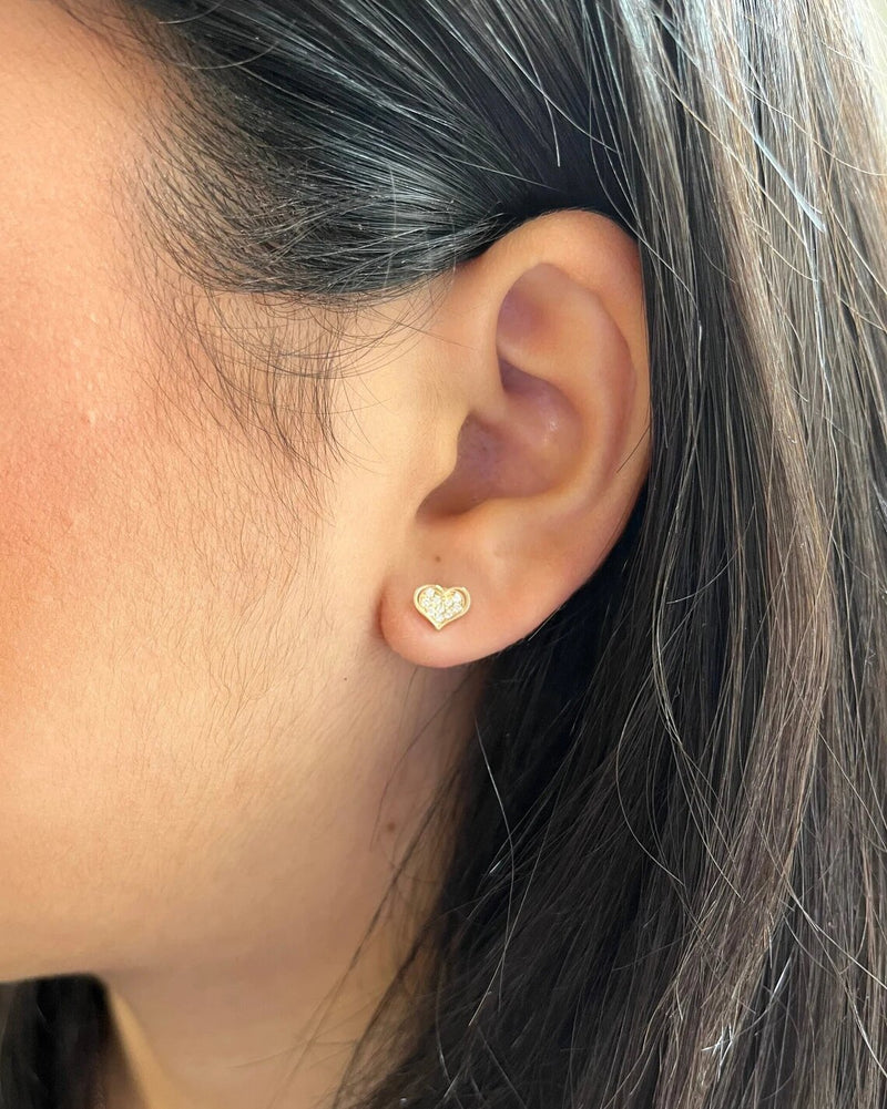 14K Cubic Zirconia Heart Earrings, Solid Gold Small Stud Earrings, Best Gift