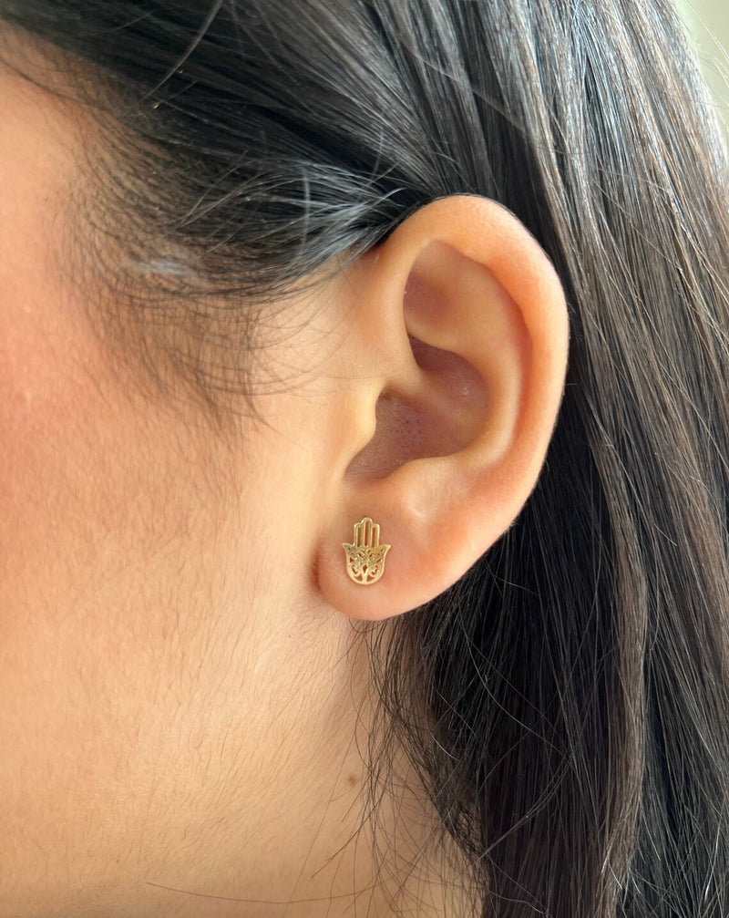 Tiny Hamsa Hand of Fatıma Shaped Stud Earrings, 14K Solid Gold Earrings,