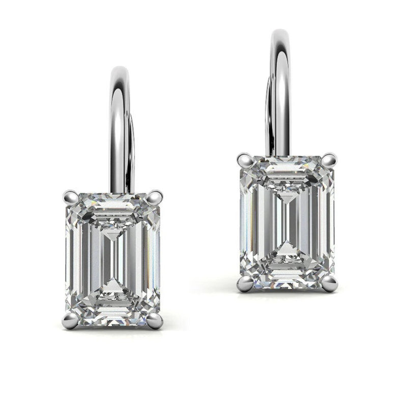 GRA Certified 1.60 ct to 6.00 ct Emerald Cut Moissanite Drop Leverback Earrings in 14K White Gold (Copy)