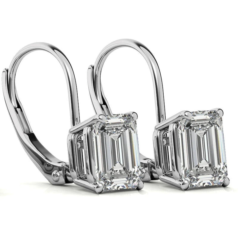 GRA Certified 1.60 ct to 6.00 ct Emerald Cut Moissanite Drop Leverback Earrings in 14K White Gold (Copy)
