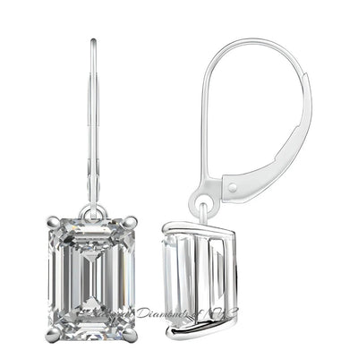 GRA Certified 1.60 ct to 10.00 ct Emerald Cut Moissanite Drop Leverback Earrings in 14K White Gold