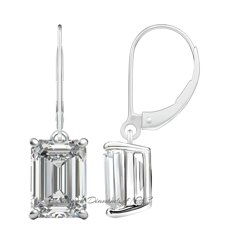 GRA Certified 1.60 ct to 10.00 ct Emerald Cut Moissanite Drop Leverback Earrings in 14K White Gold