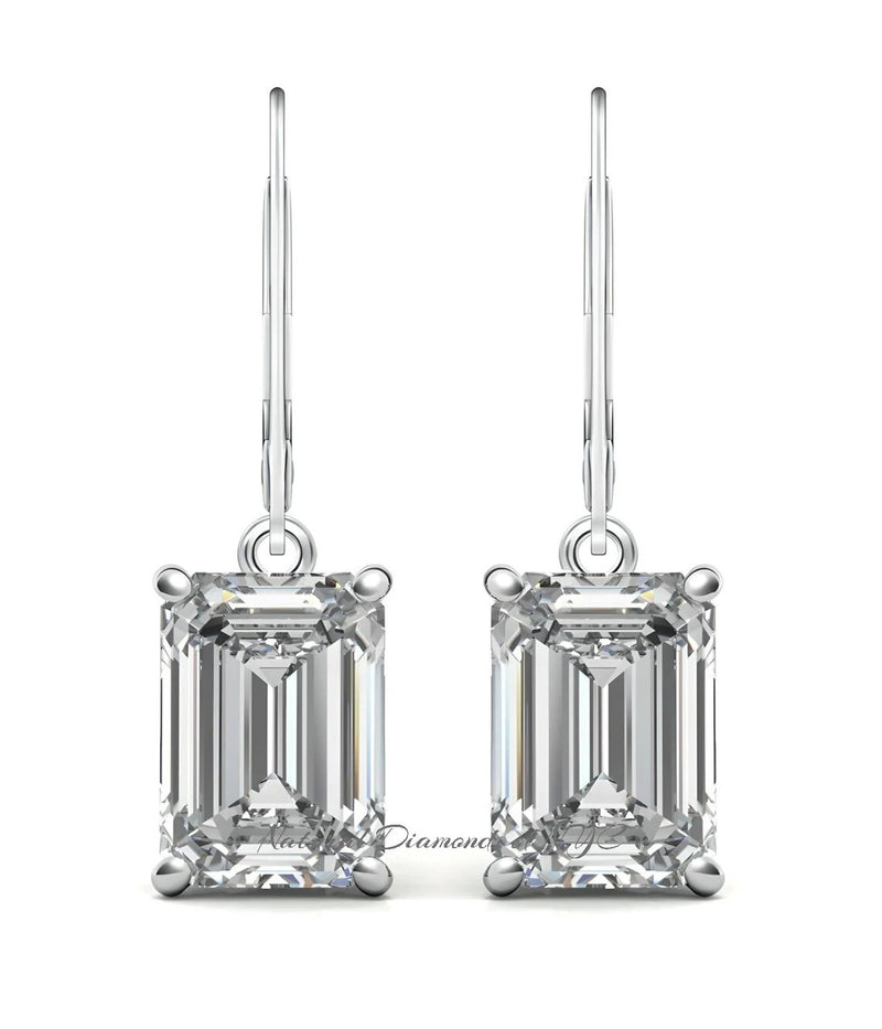 GRA Certified 1.60 ct to 10.00 ct Emerald Cut Moissanite Drop Leverback Earrings in 14K White Gold