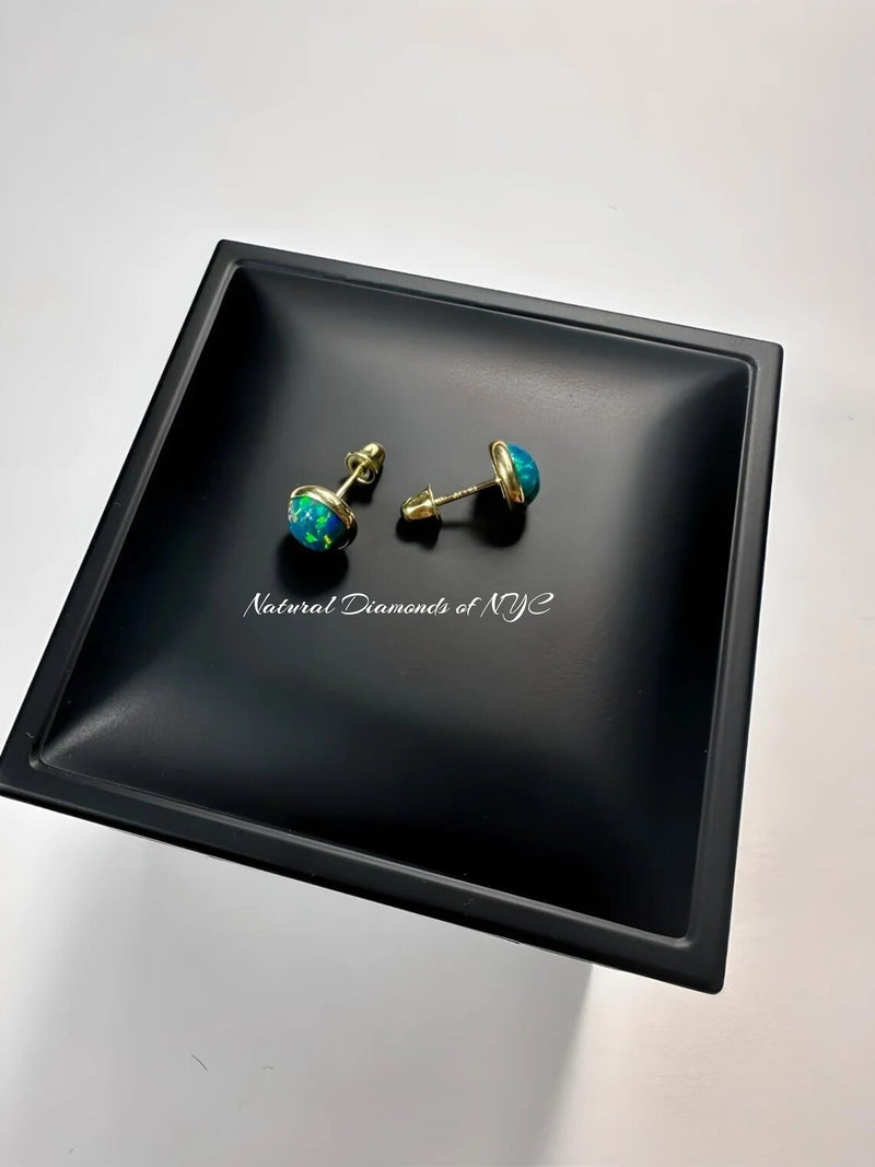 Marine Aqua Opal Stud Earrings in 14K Solid Gold, Bezel Set Opal Studs, 14K Solid Gold, Screw back, Opal Earrings, Dainty Stud Earrings