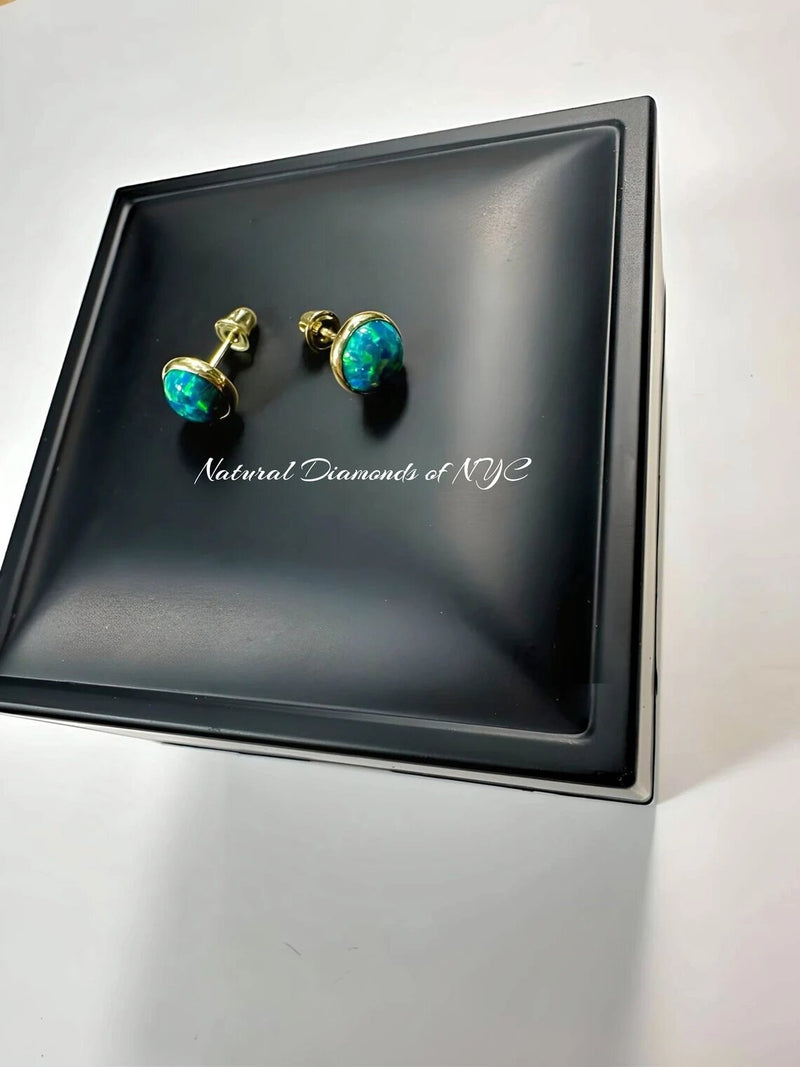 Marine Aqua Opal Stud Earrings in 14K Solid Gold, Bezel Set Opal Studs, 14K Solid Gold, Screw back, Opal Earrings, Dainty Stud Earrings