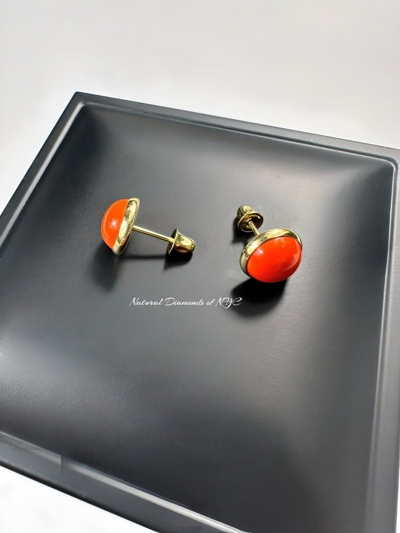 Orange Coral Stud Earrings in 14K Solid Gold, Bezel Set Orange studs, 14K Solid Gold, Screw back, Opal Earrings, Dainty Stud Earrings
