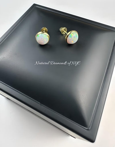 White Opal Stud Earrings in 14K Solid Gold, Bezel Set White Opal Studs, 14K Solid Gold, Screw back, Opal Earrings, Dainty Stud Earrings