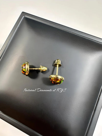 Black Opal Stud Earrings in 14K Solid Gold, Bezel Set Black Opal Studs, 14K Solid Gold, Screw back, Opal Earrings, Dainty Stud Earrings