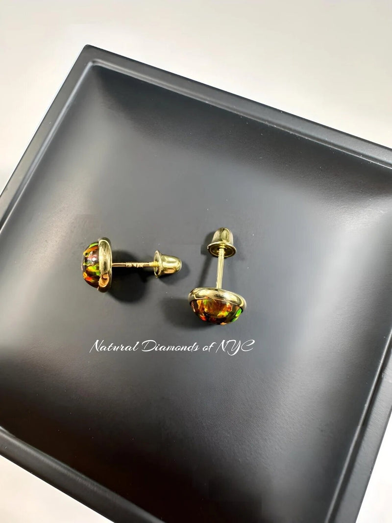 Black Opal Stud Earrings in 14K Solid Gold, Bezel Set Black Opal Studs, 14K Solid Gold, Screw back, Opal Earrings, Dainty Stud Earrings