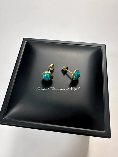 Marine Aqua Opal Stud Earrings in 14K Solid Gold, Bezel Set Opal Studs, 14K Solid Gold, Screw back, Opal Earrings, Dainty Stud Earrings