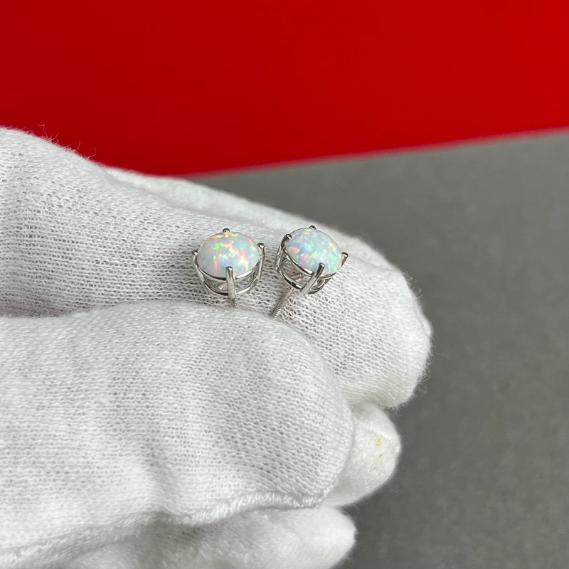 White Opal Stud Earrings in 14K Solid Gold, Prong Set White Opal Studs, 14K Solid Gold, Push back, Opal Earrings, Dainty Stud Earrings