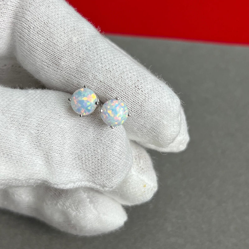 White Opal Stud Earrings in 14K Solid Gold, Prong Set White Opal Studs, 14K Solid Gold, Push back, Opal Earrings, Dainty Stud Earrings