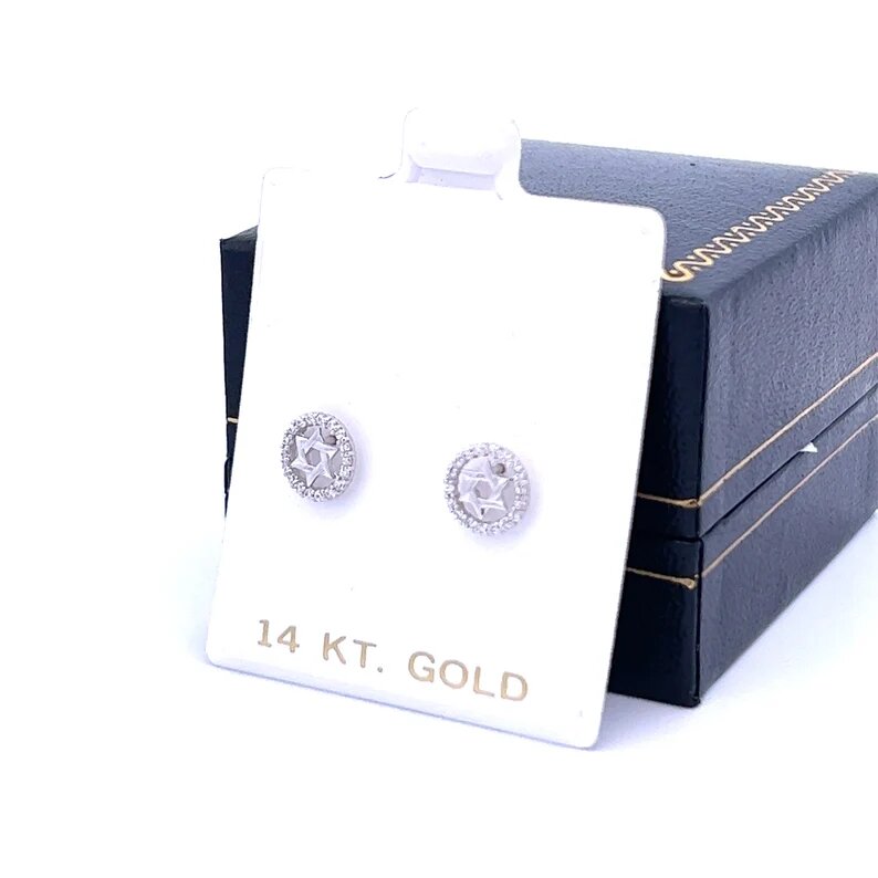 Cubic Zirconia Star of David Earring, Jewish Star Stud, 14k Yellow Solid Gold