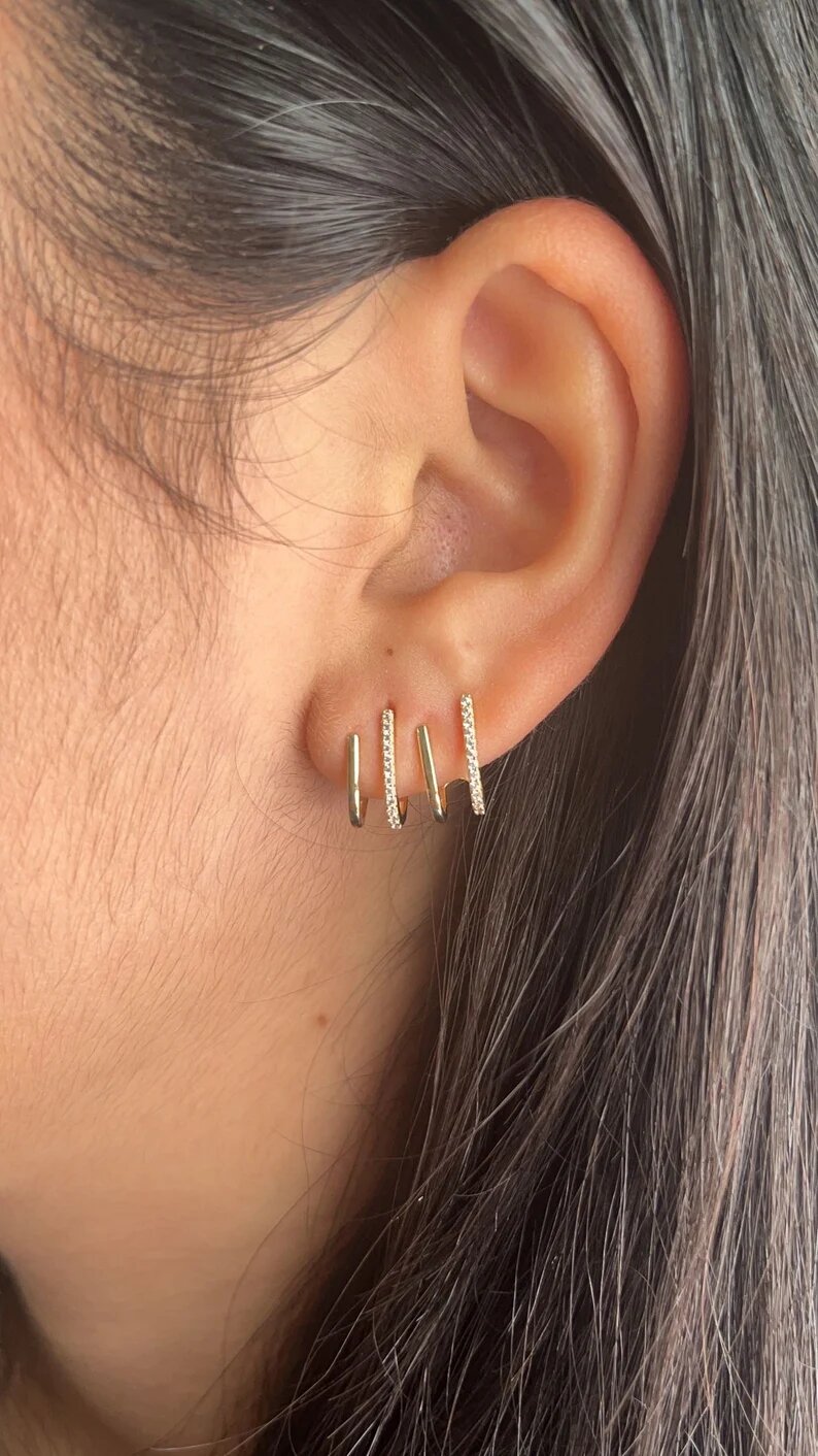 14K Gold, Dainty Triple Band Huggie Hoop Earrings, Claw Stud Earrings, Gold Jewelry, Ear Jacket Earrings