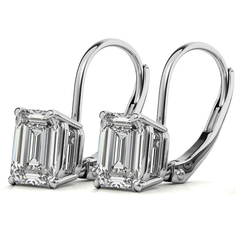 GRA Certified 1.60 ct to 6.00 ct Emerald Cut Moissanite Drop Leverback Earrings in 14K White Gold (Copy)